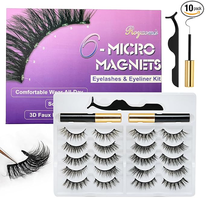 Royaomis 10 Pairs Cat-Eye Magnetic Eyelashes with Applicator Natural Look, 3D Magnetic Lashes With Eyeliner, Fake Eyelashes Magnetic, Eye Lashes Pack Natural Magnetic Eyelashes(New2）