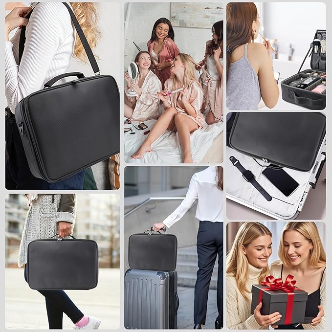 Travel Makeup Case 3 Layers Portable Makeup Train Case Cosmetic Bag Organizer Storage for Women with Adjustable Dividers and Shoulder Strap for Toiletry Travel Accessories(Black,XL)