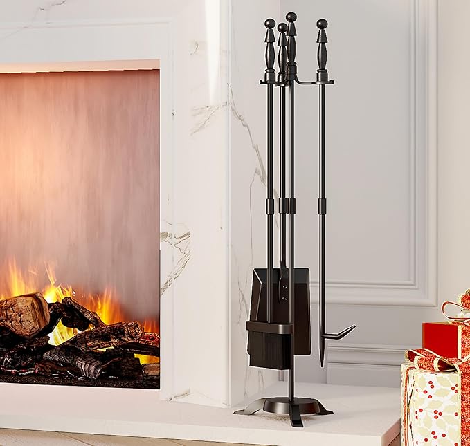 Fire Beauty Fireplace Tools Set 4 Pieces Black Wrought Iron Fire Tool Set for Outdoor/Indoor Include Poker, Shovel, Brush and Stand Accessories Set