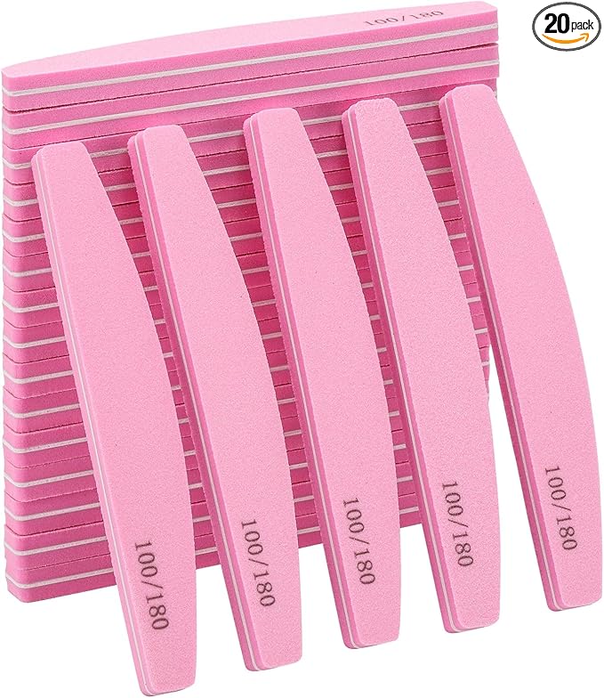 20 Pack Nail Buffers 100/180 Grit Washable Double Sided Nail Sanding Block File for Acrylic Natural Gel Nails, Pink