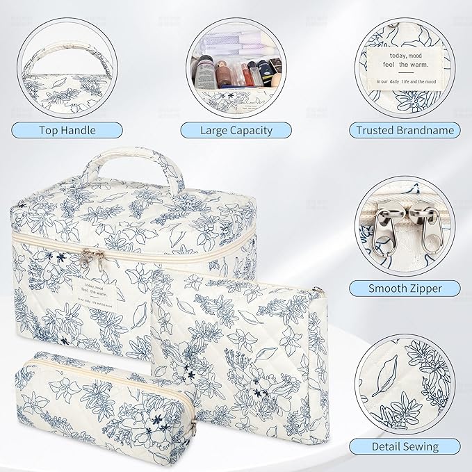 senbowe Floral Makeup Bag, 3 Pack Large Cotton Quilted Makeup Bag Set, Cute Floral Coquette Aesthetic Toiletry Bag Make Up Cosmetic Bag for Women, Toiletry Travel Make Up Organizer Bag