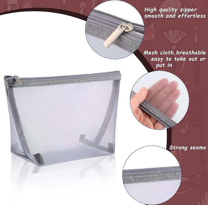Boao 3 Piece Mesh Cosmetic Bag Mesh Makeup Bag with Zipper Pouch Travel Toiletry for Makeup Organizer Home Office Travel Accessories(Grey)