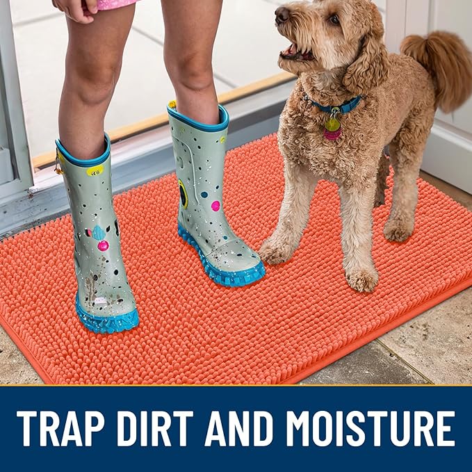 Smiry Dog Door Mat for Muddy Paws 36x24, Absorbs Moisture and Dirt Doormat, Non-Slip Washable Quick Dry Chenille Front Door Mat Indoor Entrance, Entryway Carpet for Inside Floor, Coral