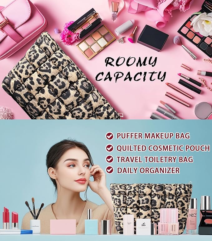Puffy Quilted Makeup Bag for Women, Cosmetic Bag, Travel Toiletry Organizer Pouch Clutch (Brown Leopard)