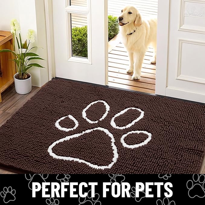 Smiry Dog Door Mat for Muddy Paws, Absorbent Dirt Trapper Non Slip Quick Dry Washable Chenille Mat for Mud Dogs, Entry Rug for Indoor and Outdoor (24x16 Inches, Brown and White)