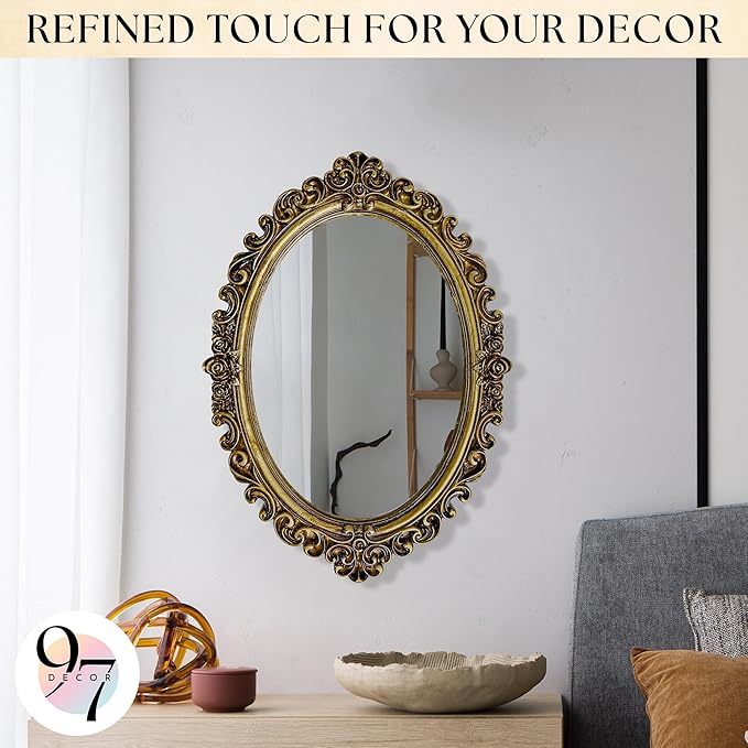 97 Decor Small Oval Mirror for Table - Gold Vintage Mirror for Tabletop and Wall Mounting, Small Decorative Mirrors Frame for Antique Home Bedroom, Victorian Makeup Room Decor