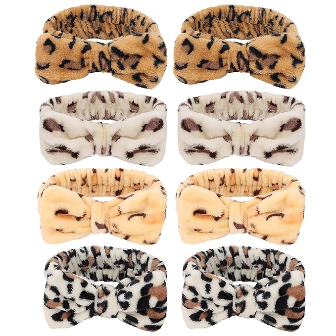 Casoty 8 Pack Leopard Spa Headbands - Soft Fleece Hair Bands for Face Washing, Makeup, Yoga & Skincare - Elastic Bow Design for Women & Girls