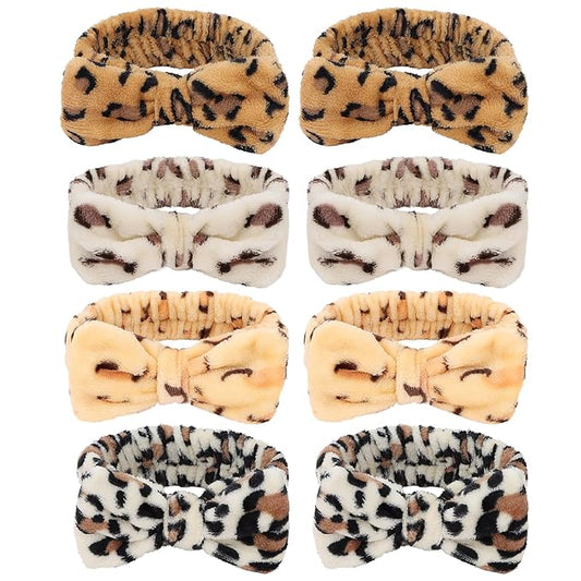 Casoty 8 Pack Leopard Spa Headbands - Soft Fleece Hair Bands for Face Washing, Makeup, Yoga & Skincare - Elastic Bow Design for Women & Girls
