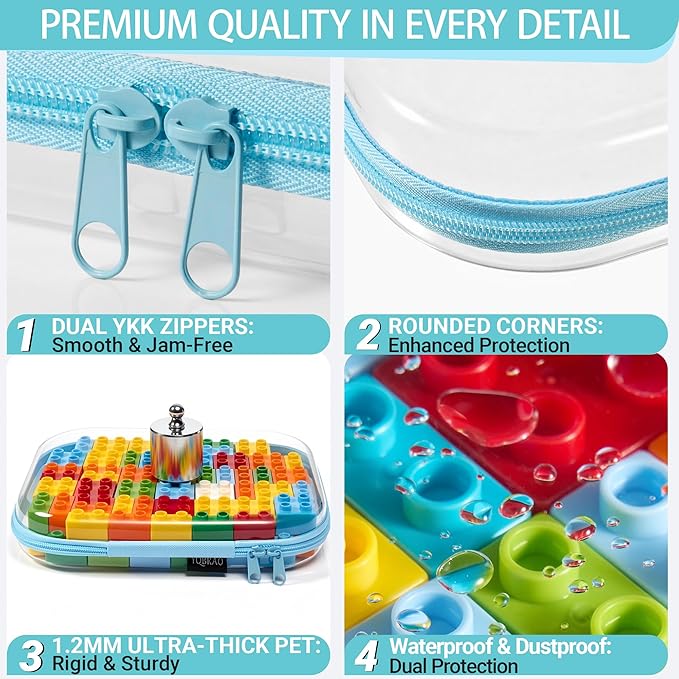 YQBRA 3 Pack Clear Hard Shell Zipper Case, See-Through Hard Plastic Organizer Pouches with Zipper for Travel, Toiletries, Makeup, Electronics & Pencils - Crush-Resistant Storage (L Blue)