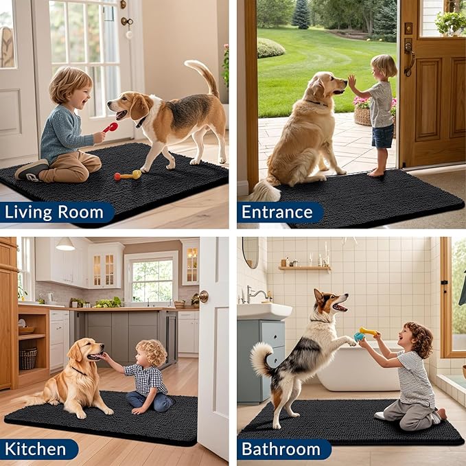 Smiry Dog Door Mat for Muddy Paws 59x20, Absorbs Moisture and Dirt Doormat, Non-Slip Washable Quick Dry Chenille Front Door Mat Indoor Entrance, Entryway Carpet for Inside Floor, Black