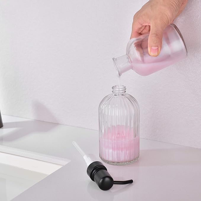 16Oz Bathroom Glass Soap Dispenser with Black Rust Proof Pump,Premium Kitchen Soap Dispenser with Vertical Stripe, Lotion Dish Dispenser for Modern Home Decor, Countertop, Hotel