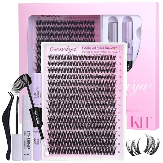 Geeneiya FLORA Lashes Clusters Kit DIY Lash Extension, 8-18MM Wispy Lash Clusters, Ultra-thin Band Eyelash Extension Kit with Waterproof Black Lash Bond and Seal, Lash Remover, Tweezers for Beginners