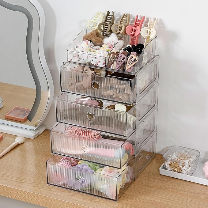 5-Tiers Makeup Organizer with Drawer for Vanity, Stackable Bathroom Storage Box for Beauty Essentials, Skincare Products, Cosmetic Brushes, Perfume Stand, Clear Lipsticks Holder