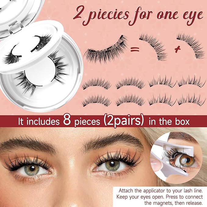 Higu clace Magnetic Eyelashes with Applicator 2 Pairs Magnetic Lashes Natural Look Wispy Magnet Lashes Easy to Wear and Remove（DJCX-A+B02)
