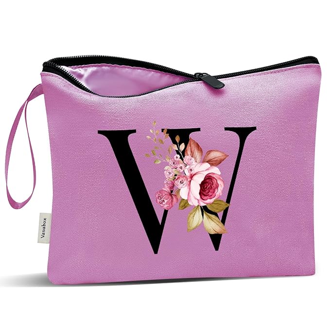 Vavabox A-Z Personalized Makeup Bag, Birthday Gifts for Women Mom, Gifts for Best Friend, Bride Bridesmaid Cosmetic bag (W, Purple)