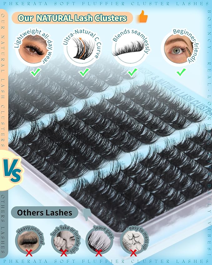 PHKERATA Fluffy Lash Clusters Wispy Eyelash Clusters Natural C Curl Cluster Eyelash Extensions Volume Individual Lashes DIY Eyelash Extension with Soft Thin Band, 10-16mm