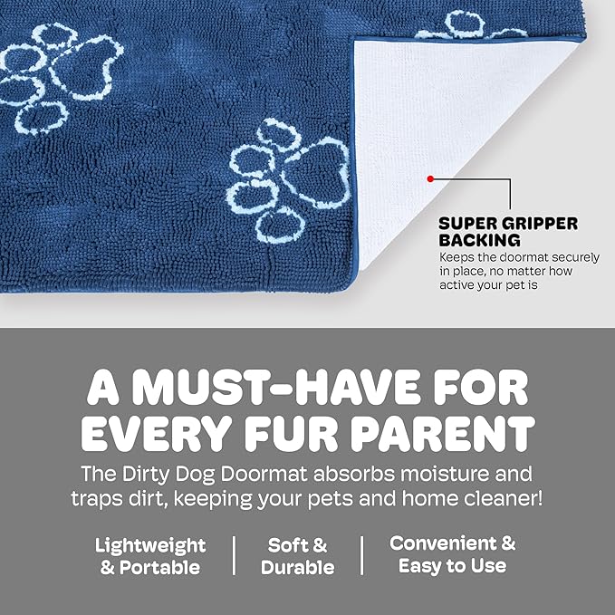 Dog Gone Smart Dirty Dog Doormat - Fast Drying Rug with Super Gripper Backing for Clean Floors - Super Absorbent and Machine Washable Mat for Muddy Paws - Bermuda Blue