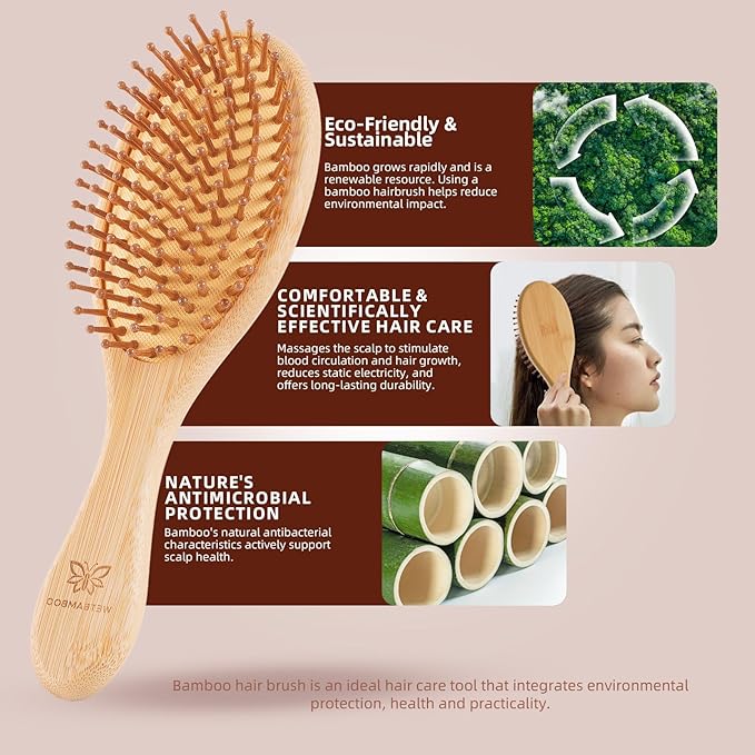 Bamboo Hair Brush-Detangling, Scalp Massage for Hair Growth, Wet/Dry Brush for Men, Women, Kids & Pets - for All Hair Types, Paddle Wooden Hairbrush Perfect for Home, Travel & Salon Use