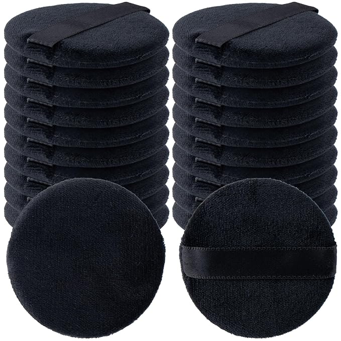 25 Pack 60mm Round Powder Puffs for Foundation Makeup Applicators, Soft Cotton Skin-Friendly Face Powder Sponge Velour Velet Puffs Pads for Cream Cosmetics- Black
