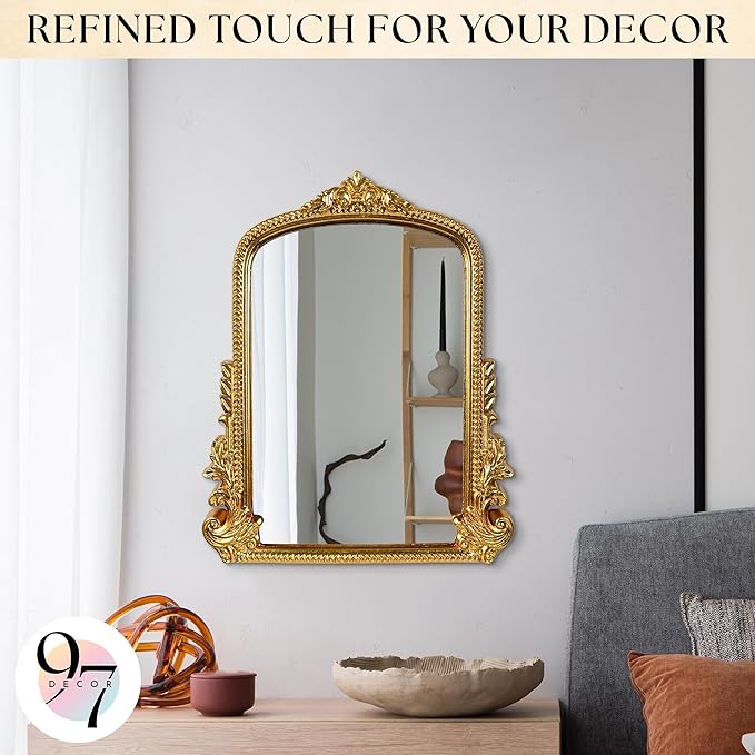 97 Decor Gold Vintage Wall Mirror - Small Gold Mirror for Tabletop and Wall Hanging, Antique Arch Frames for Desk, Small Decorative Mirrors Frame for Home Bedroom, Makeup Room Decor (11.8x9.6 Inch)