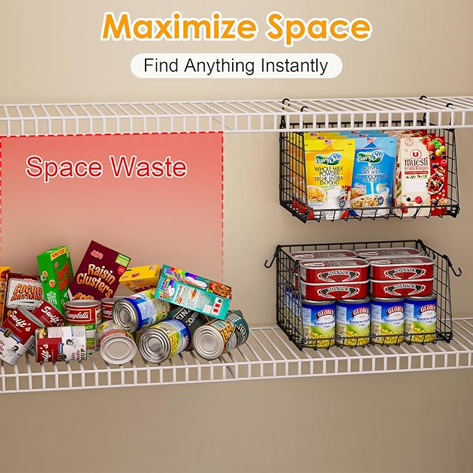3-Pack Under Shelf Hanging Baskets - Space Saving Pantry Shelf Organizer with 360° Rotating Hooks for Kitchen Storage, Foldable Small Space Solutions for Pantry Organization, Black