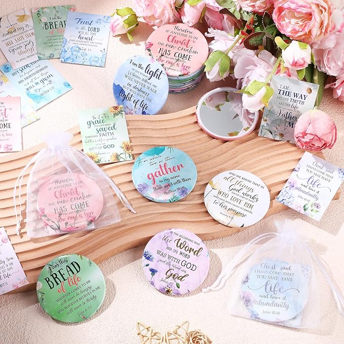 48 Sets Christian Gifts for Women Bible Verse Compact Mirror with Card Bag Inspirational Pocket Makeup Mirror Galentine Valentine Gifts for Mother Church Group Sunday School(Flower Color)