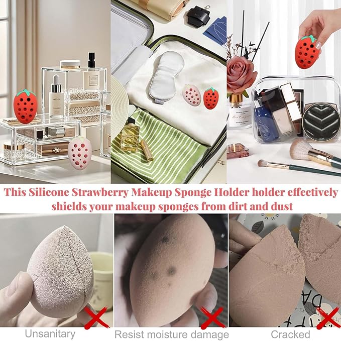 2Pcs Silicone Strawberry Makeup Sponge Holder - Reusable Travel Accessory for Makeup Sponges, Cases, and Skincare Organizers