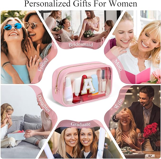 YOOLIFE Valentines Gifts for Teenage Girls Stocking Stuffers Teacher Gifts Initial Clear Makeup Bag Pouch Travel Toiletry Cosmetic Bags Birthday Gift for 4 5 6 7 8 9 10 11 12 Year Old Girls Pink K