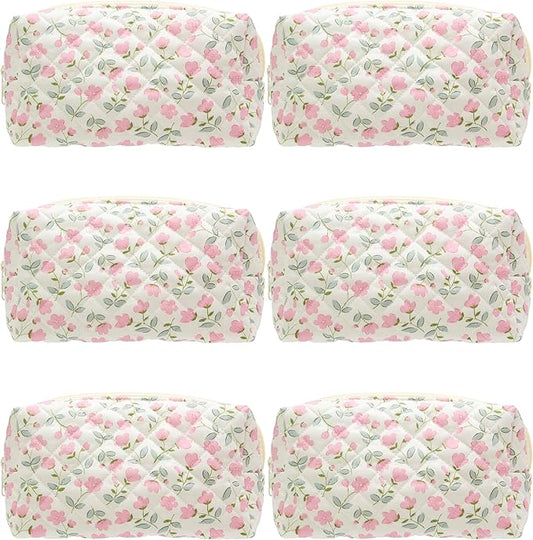 PAZIMIIK 6PCS Vintage Quilted Makeup Bag SET Cosmetic Pouch for Brushes Pencils and Travel Make Up Accessories for Women and Girls Flower White