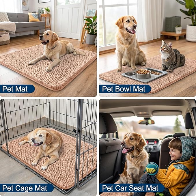 Smiry Dog Door Mat for Muddy Paws 47x24, Absorbs Moisture and Dirt Doormat, Non-Slip Washable Quick Dry Chenille Front Door Mat Indoor Entrance, Entryway Carpet for Inside Floor, Peach