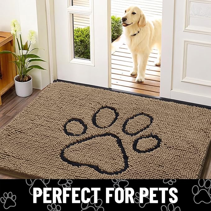 Smiry Dog Door Mat for Muddy Paws, Absorbent Dirt Trapper Non Slip Quick Dry Washable Chenille Mat for Mud Dogs, Entry Rug for Indoor and Outdoor (36x24 Inches, Camel and Black)