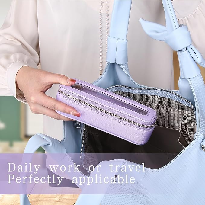 Clear Travel Makeup Bag with Brush Bag Portable Transparent Cosmetic Bag and Toiletry Bag Waterproof Clear Makeup Bag with Zipper Car Bag for Women (Purple, L+Slim)