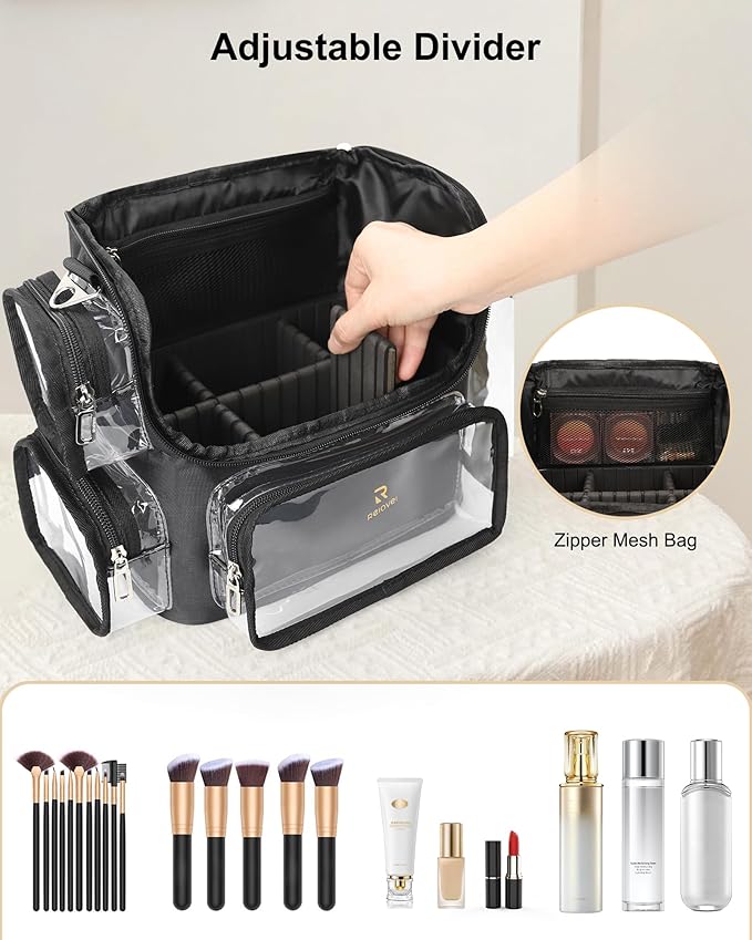 TANTO Makeup Brush Bag, Clear Makeup Case Large Portable Cosmetic Organizer Bag Professional Makeup Artist Bags Travel Cosmetic Train Case with Adjustable Dividers & Strap, Easy to Clean