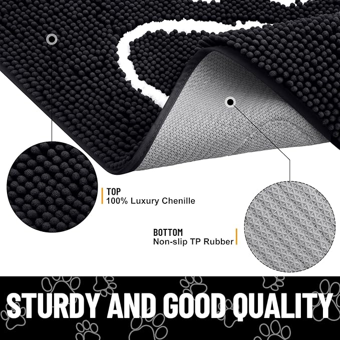 Smiry Dog Door Mat for Muddy Paws, Absorbent Dirt Trapper Non Slip Quick Dry Washable Chenille Mat for Mud Dogs, Entry Rug for Indoor and Outdoor (40x24 Inches, Black and White)