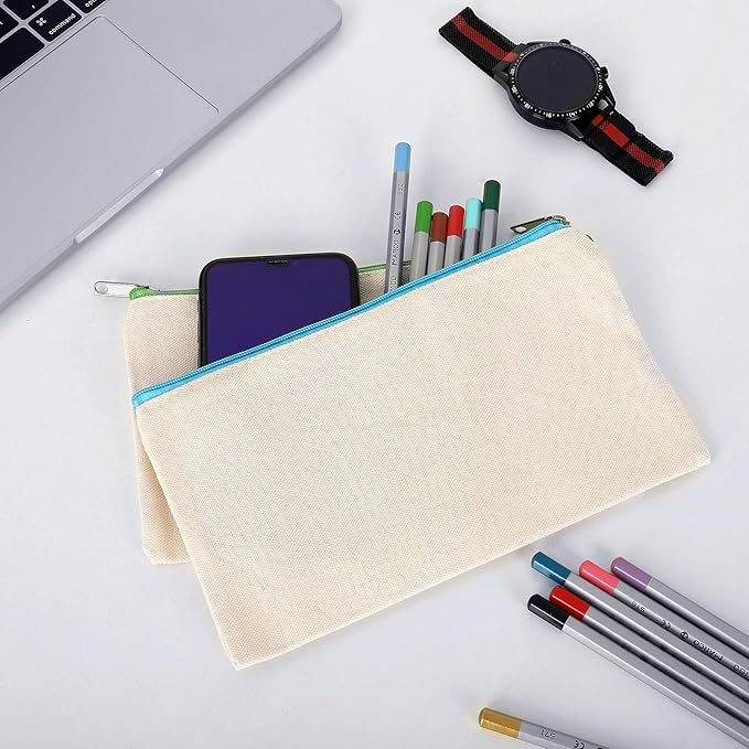 12 Pieces Cotton Canvas Makeup Bag, Multipurpose Cosmetic Bag with Zipper Travel Toiletry Pouch, Blank DIY Craft Bag (Beige, S)
