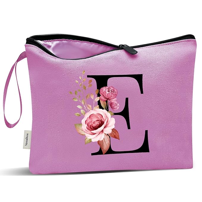 Vavabox A-Z Personalized Makeup Bag, Birthday Gifts for Women Mom, Gifts for Best Friend, Bride Bridesmaid Cosmetic bag (E, Purple)