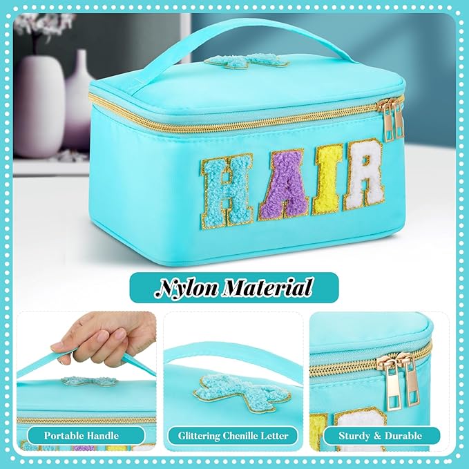 Geetery Clear Makeup Bag Chenille Letter Hair Bag Travel Cases Preppy Patch with Zipper, Portable Cosmetic Hair Accessories Organizer Toiletry Storage Case for Women