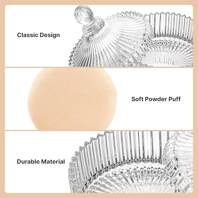 3 Pcs Extra Large Body Powder Puff and Container - 6 Inch Glass Dusting Powder Container with Puff, Body Powder Puff for Women Soft Washable Reusable Fluffy Makeup Wet Dry