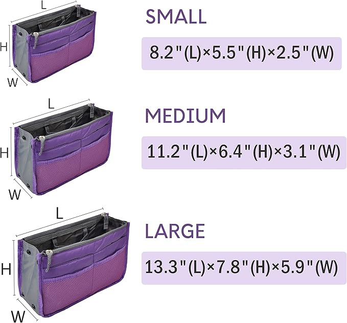 Vercord Purse Organizer Insert for Handbags Bag Organizers Inside Tote Pocketbook Women Nurse Nylon 13 Pockets Purple Small
