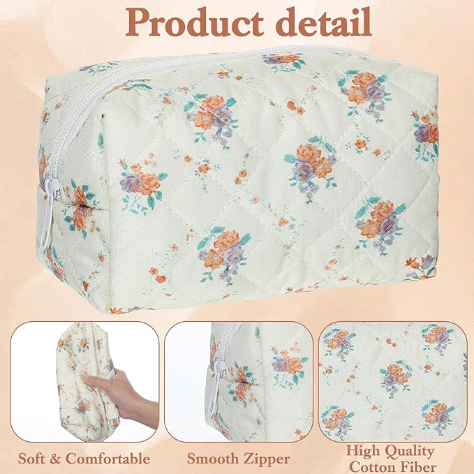 10 Pcs Cotton Floral Quilted Makeup Bags, Aesthetic Cosmetic Bags Portable Floral Makeup Pouch with Zipper Make Up Organizer for Women Travel Gifts