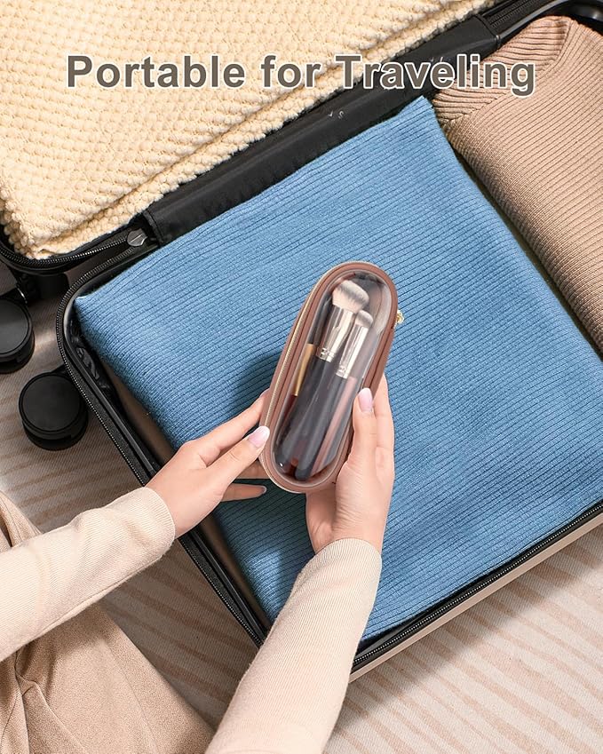 Clear Travel Makeup Brush Holder, Leather Makeup Brush Toiletry Bag, Portable Cosmetic Brush Case, Transparent Waterproof Makeup Brush Storage Bag, Brown