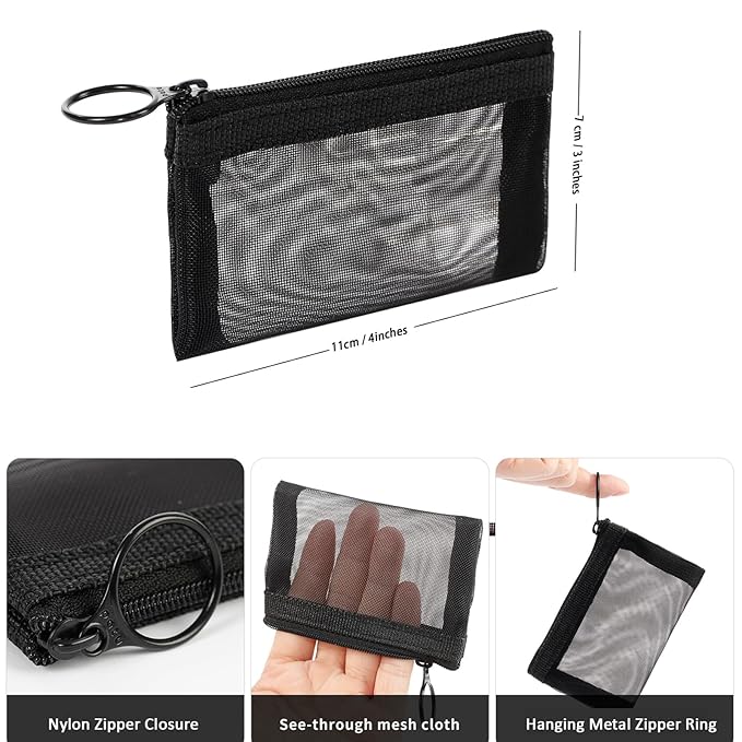 Patu Mini Zipper Mesh Bags, 3" x 4", Size XS / A8, 5 Pieces, Keychain Pouch Key Holder, Coin Purse, Clear Travel Kit Small Item Cosmetic Organizer, Assorted Colors