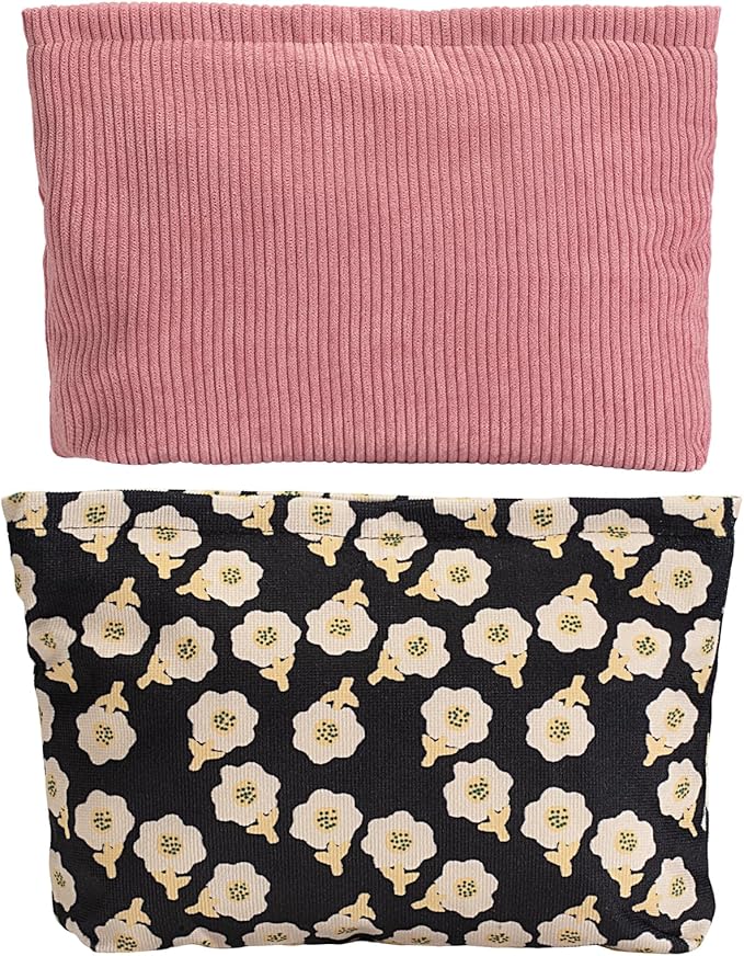 2 large cosmetic bags Ladies' corduroy canvas makeup bag, travel makeup bag, purse storage bag, featuring black floral and pink patterns