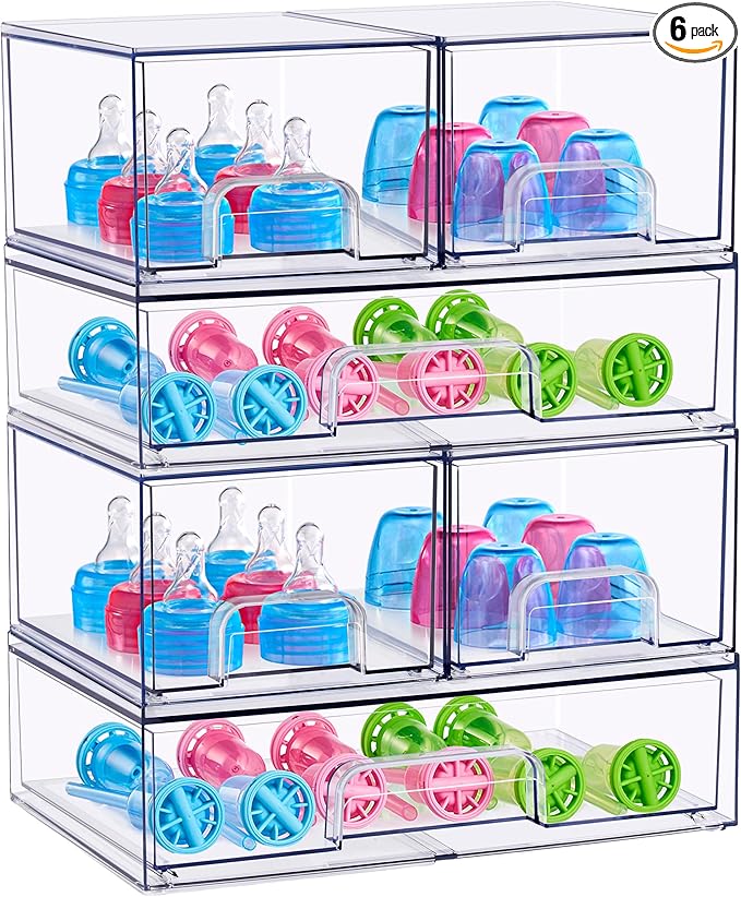 Sorbus Stackable Acrylic Storage Drawers – 4 Small + 2 Wide – 6 Pack Clear Plastic Organizer Bins for Baby Bottles, Makeup, Bathroom & Vanity, Pull-Out Drawer Design for Kitchen Cabinets