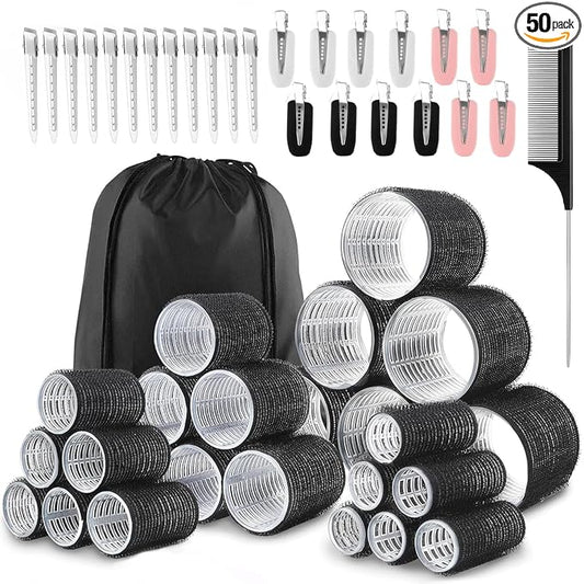 50Piece Hair Rollers set,Self Grip Hair Curlers for Long Medium Short Hair (6 Jumbo + 6 Large + 6 Medium + 6 Small + 1 Storage Bag) and 24Pcs Hair Clips /4-sizes 60 45 36 25mm