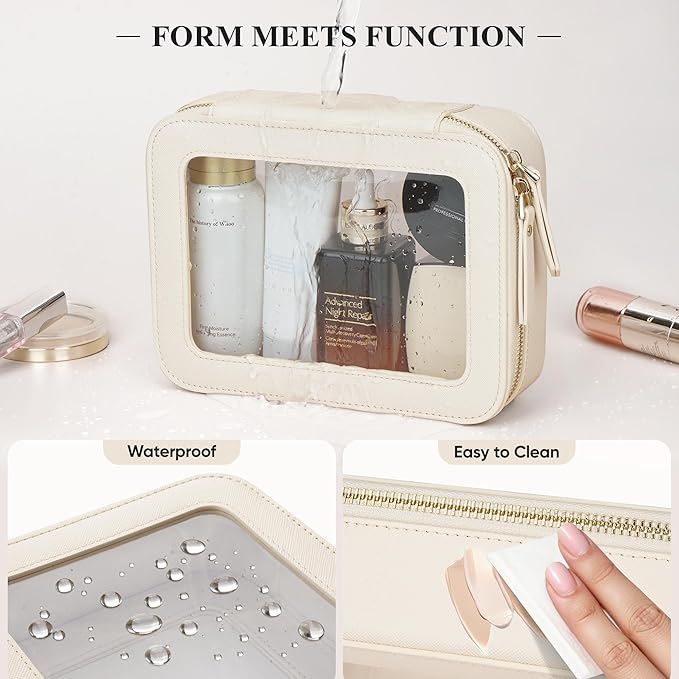 Clear Makeup Bag, Travel Toiletry Bag Cosmetic Case for Women, Waterproof Portable Make Up Skincare Pouch with Zipper, Compact Car Organizer Bag for Essentials, Mini & Medium, Beige