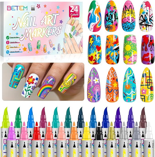 Betem Nail Art Pens Set, Dual Tip 24 Colors Nails Art Markers Non-Toxic, Quick-drying Nail Polish Pens, Acrylic Nail Kit for Home & Salon DIY, Easy French Manicure Tool, Gifts for Mom, Friends