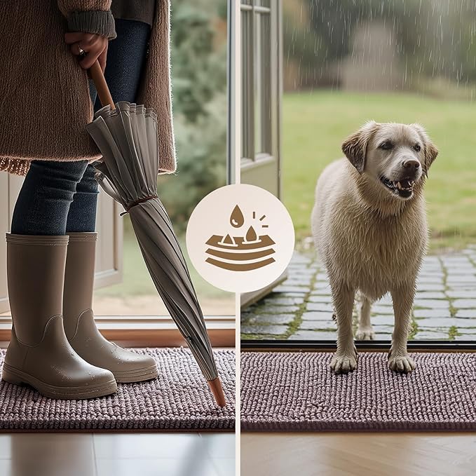 EHEYCIGA Super Absorbent Dog Door Mat for Muddy Paws 60x36 Inch Indoor, Front Doormat Outside Entrance, Quick Dry Chenille Washable Dog Crate Bed, Non-Slip Pet Rug Mud Mat Outdoor Entryway, Brown