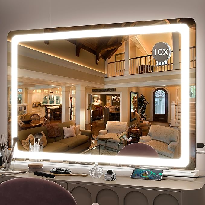FENNIO Vanity Mirror with Lights 32"x22", Lighted Makeup Mirror, Large Vanity Mirror with Lights, Touch Sensor with 3-Color Lighting, USB Charging Port for Vanity Desk Tabletop