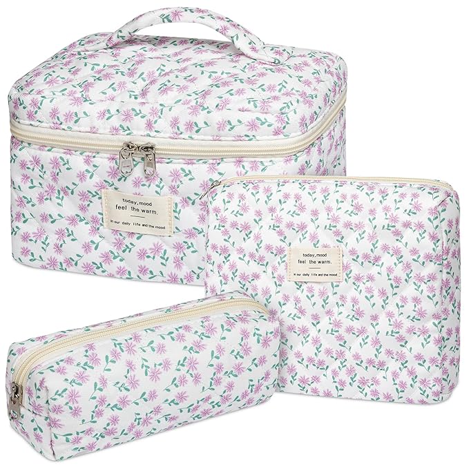 senbowe Floral Makeup Bag, 3 Pack Large Cotton Quilted Makeup Bag Set, Cute Floral Coquette Aesthetic Toiletry Bag Make Up Cosmetic Bag for Women, Toiletry Travel Make Up Organizer Bag